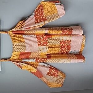 CATO patchwork cold shoulder knit top